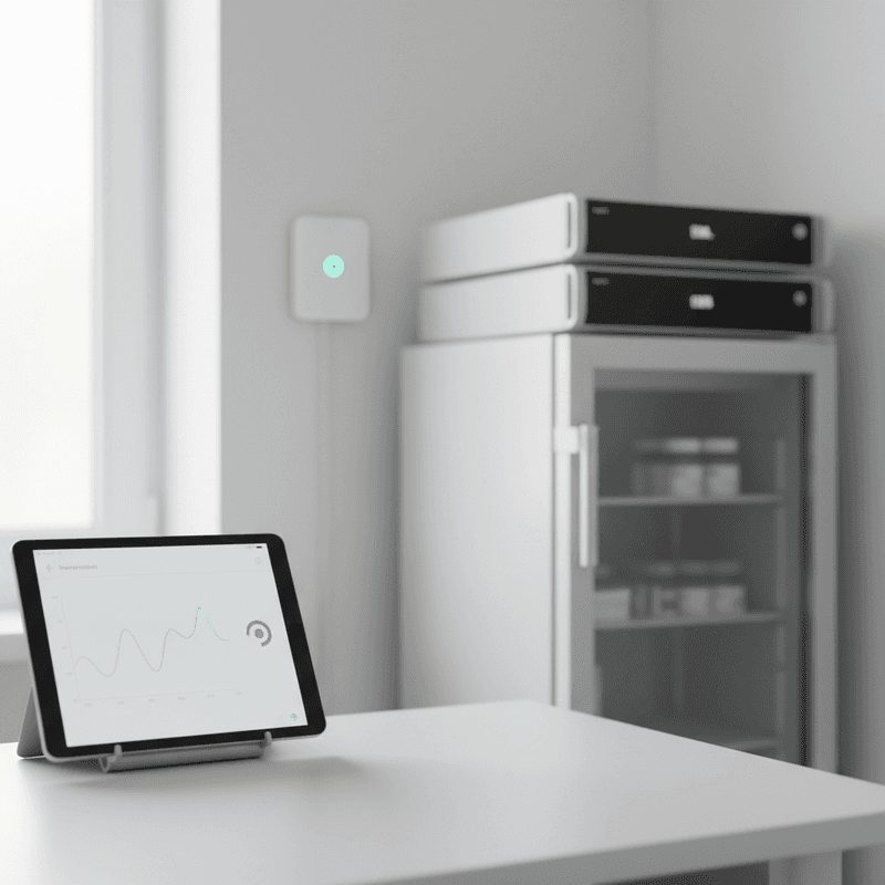 Arztpraxis-Technikraum mit kleinem Server-Rack und Impfstoffkühlschrank, dazwischen ein Sensor mit blauer LED