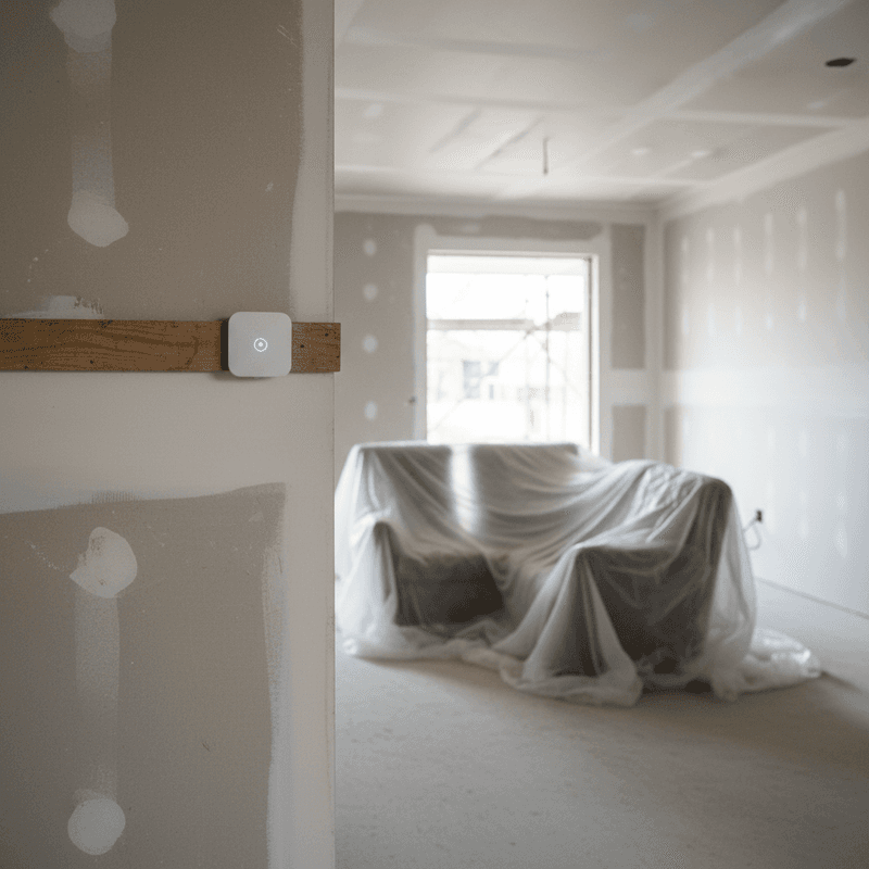 Sanierungsbaustelle mit Trockenbau und Feuchtigkeits-Sensor am Holzbalken