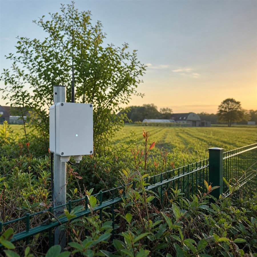 Drift-Wächter-Sensorbox am Gartenzaun mit Feld und Hof im Hintergrund