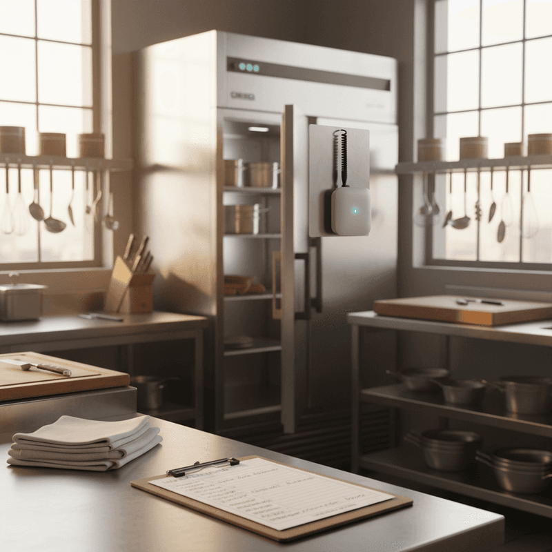 Restaurant-Küche mit Edelstahl-Begehkühler und Sensor neben einer HACCP-Checkliste