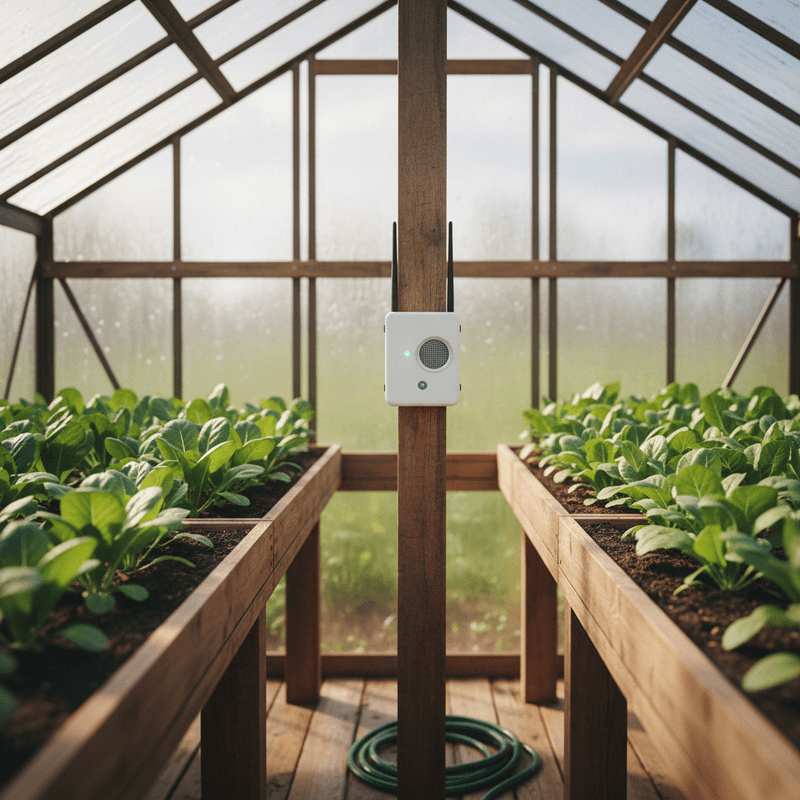 Kleines Gewächshaus mit Setzlingen auf Holztischen, an einem Holzpfosten ein Sensor mit Antenne