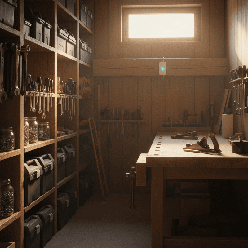 Schreinerei mit Werkbank und Holzstaub, an der Wand ein Sensor zur Luftgüte-Messung