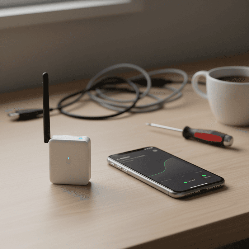 Kleiner Sensor mit Antenne neben Smartphone-Dashboard mit Temperatur-Kurve auf einer Werkbank