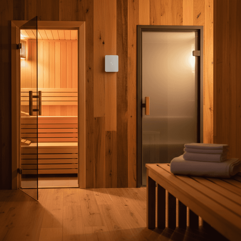 Hotel-Wellness-Bereich mit Sauna-Tür und Sensor an der Holzwand