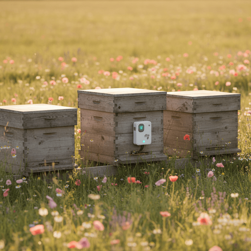 Bienenstand mit Holzbeuten auf einer Wiese, an einer Beute ein kleiner Sensor mit Antenne