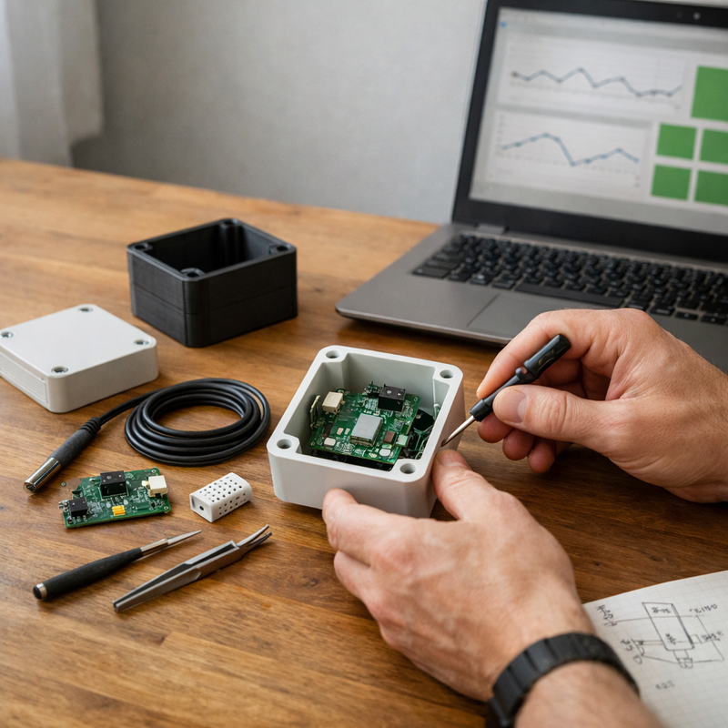 Arbeitsplatz in der Manufaktur mit offenem Sensorgehäuse, Platine, Fühlern und Laptop mit Messkurven