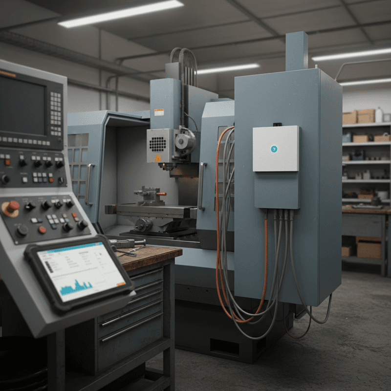 Werkstatt mit Produktionsmaschine und Schaltschrank, an dem ein Sensor montiert ist, daneben ein Tablet mit Status-Dashboard