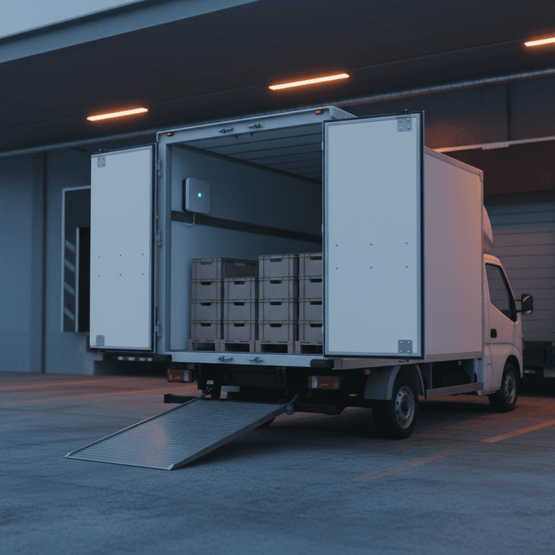 Geöffneter Kühl-LKW von hinten mit Paletten und Temperatur-Sensor an der Innenwand