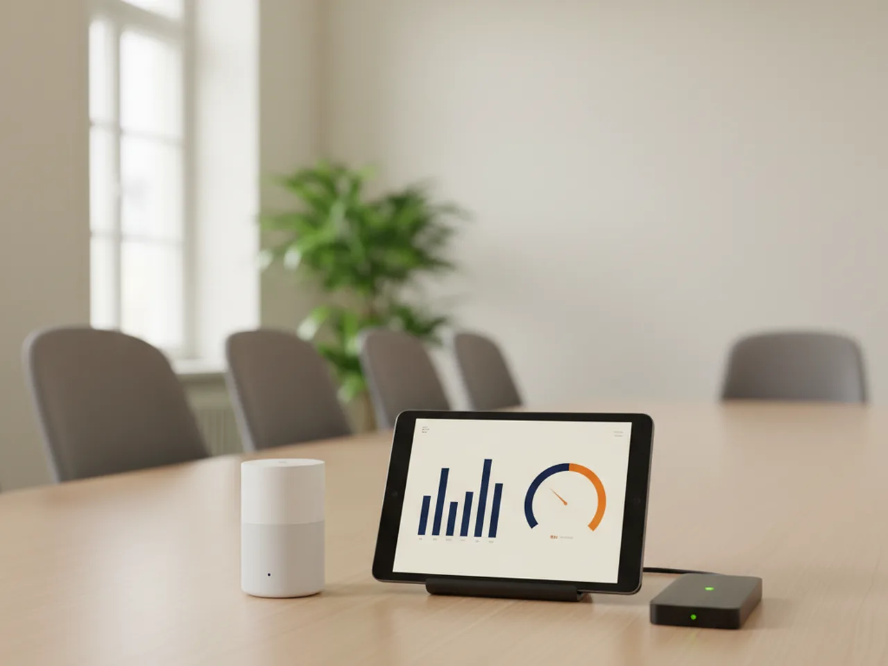 CO₂- und Luftqualitäts-Sensor im Konferenzraum mit Live-Dashboard