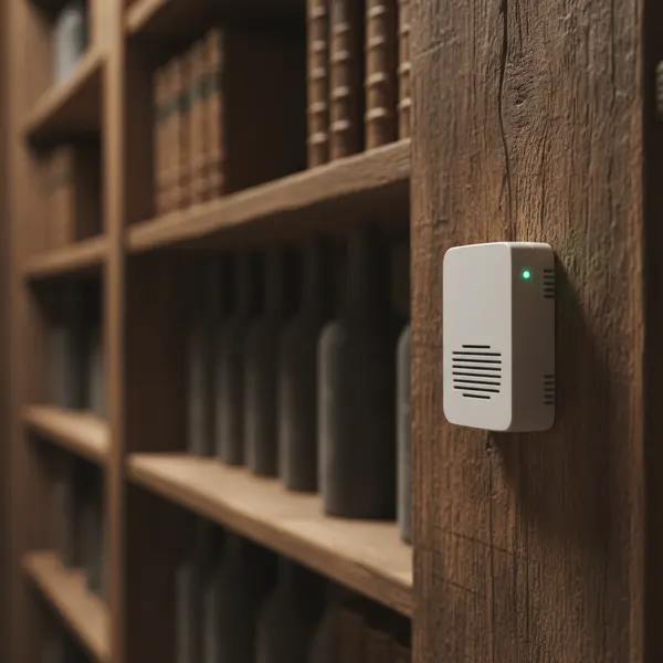 Sensor an einer Holzwand in einem Archiv oder Weinkeller