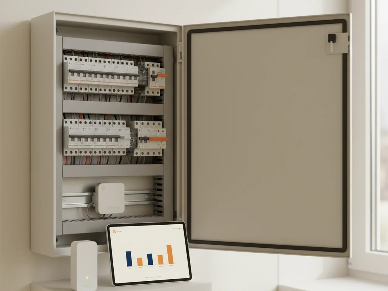 Stromzähler mit Energiemessung im Verteilerschrank, davor ein Mining-Rig