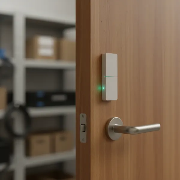 Tür-Kontakt-Sensor an einem Türrahmen mit leicht geöffneter Tür