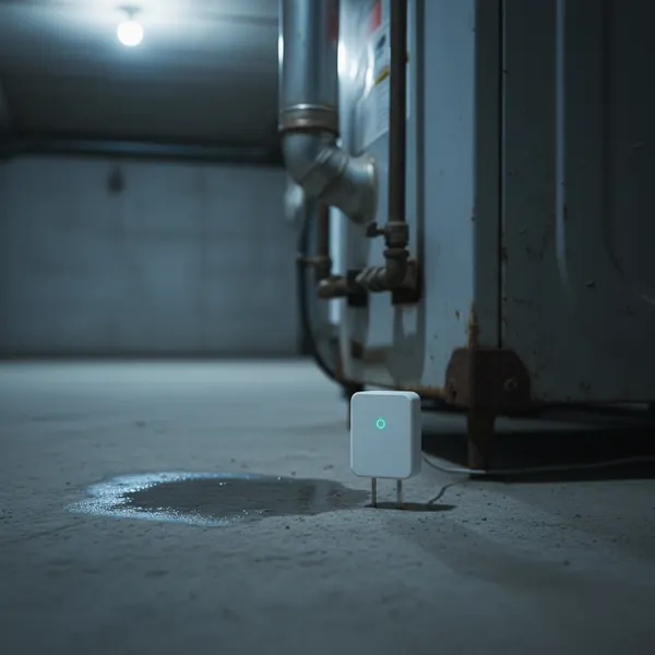 Wasserleck-Sensor auf einem Kellerboden neben einer Waschmaschine