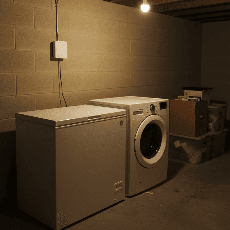Wohnkeller mit Gefriertruhe und Waschmaschine, an der Wand ein Sensor mit kleiner LED