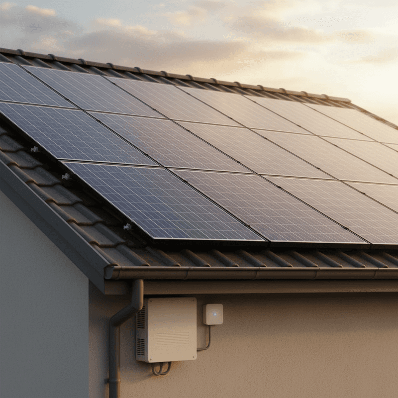 Hausdach mit Photovoltaik-Anlage im Abendlicht, Wechselrichter mit Sensor an der Hauswand