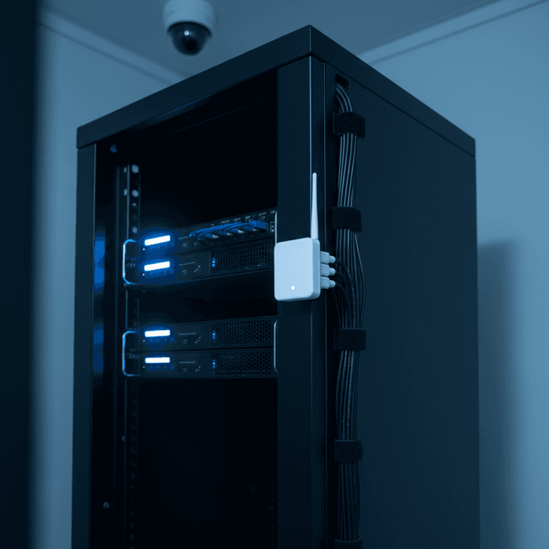 Kleiner Serverraum mit Rack, USV und Sensor mit blauer LED am Rack-Rahmen