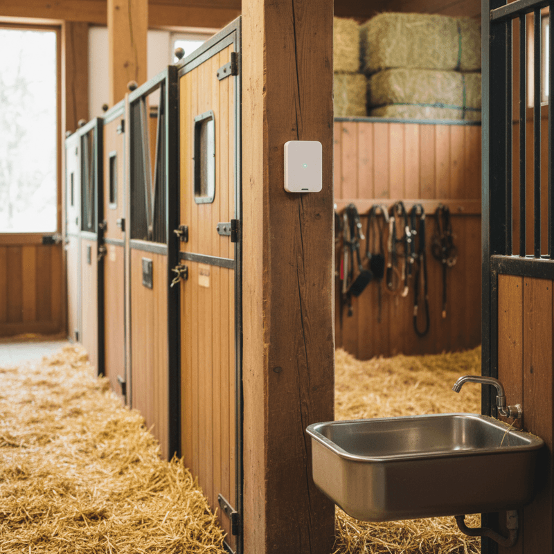 Pferdestall mit Boxenwänden und Sensor an einem Holzpfosten