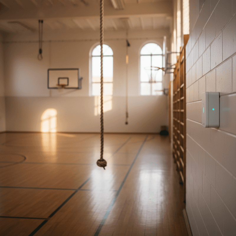 Vereinsheim mit Theke und Kühlschrank, daneben ein kleiner Sensor an der Wand