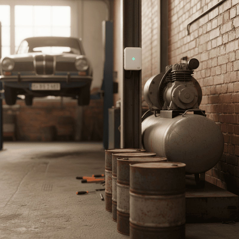 Kfz-Werkstatt mit Hebebühne und Sensor am Druckluft-Kompressor