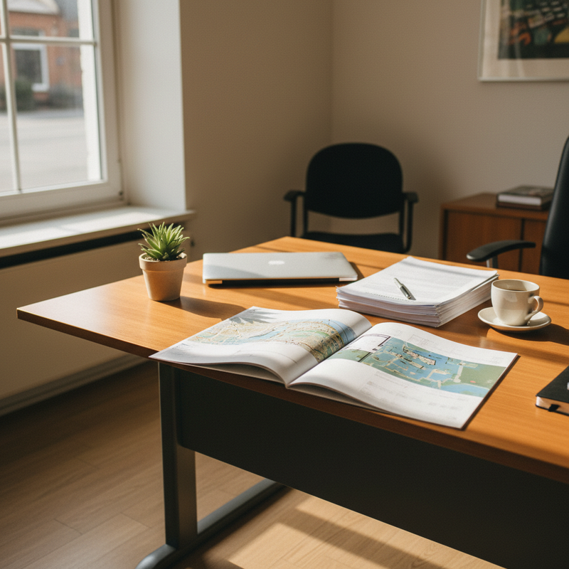 Schreibtisch mit aufgeschlagenem Exposé und Laptop — Standort-Dossier