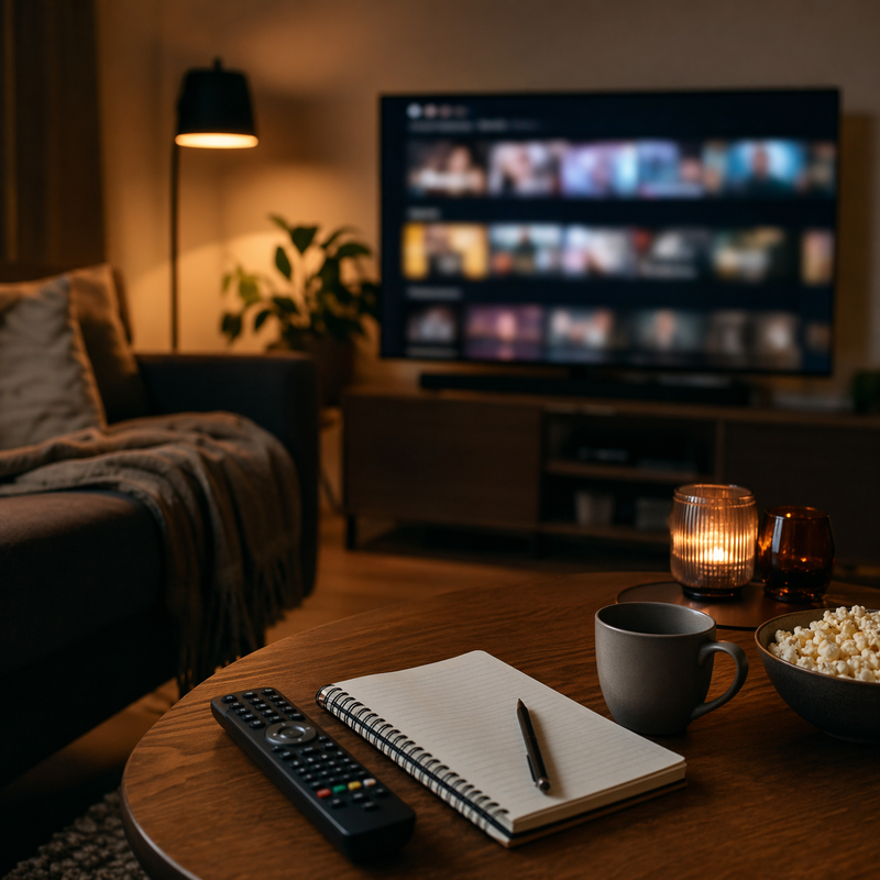 Seriöse Streaming-Auswahl in realer Wohnumgebung mit Fernbedienung, Notizbuch und ruhiger Abendstimmung.