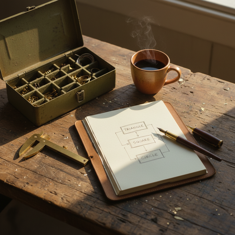 Werkbank mit aufgeschlagenem Notizbuch und handgezeichneter Architektur-Skizze, Werkzeuge und Kaffeetasse im warmen Licht