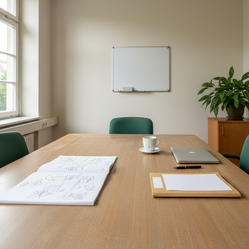 Besprechungstisch in einem deutschen Mittelstandsb&uuml;ro mit offenen Notizb&uuml;chern, geschlossenem Laptop, Kaffeetasse und leerem Whiteboard im Hintergrund &ndash; Sinnbild f&uuml;r vertrauliche Team-Zusammenarbeit auf eigenem Server