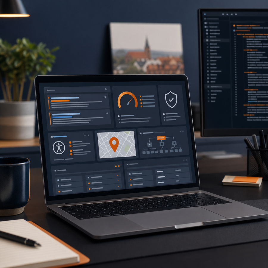 Technisches SEO-Audit-Dashboard mit Performance-, Security-, Local-SEO- und Accessibility-Prüfung