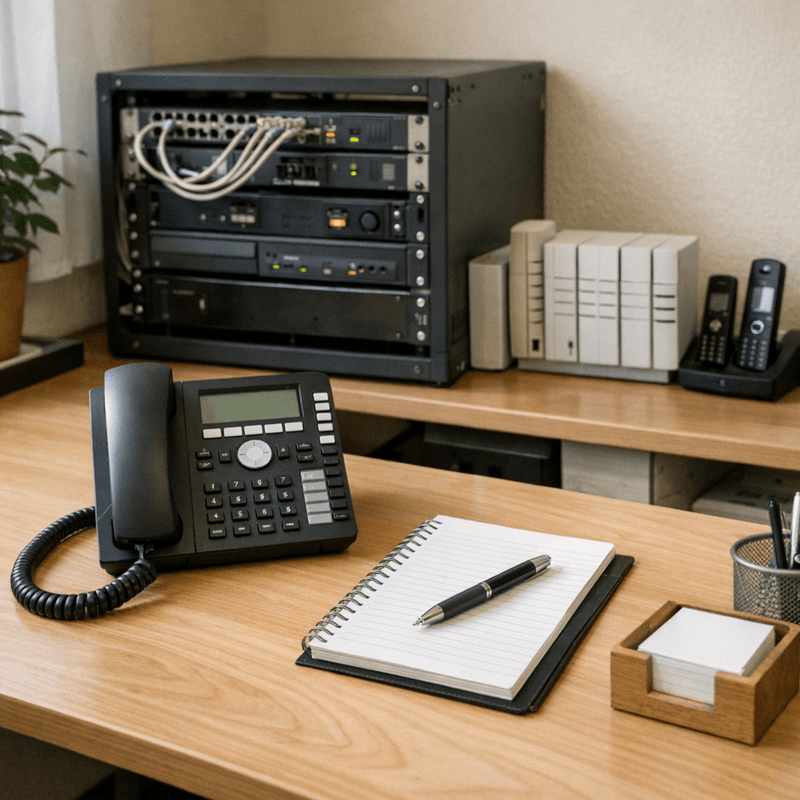 Dokumentarische Telefonie-Szene mit Business-Deskphone, Notizblock und einem ruhigen technischen Setup für eine eigene Telefon-KI