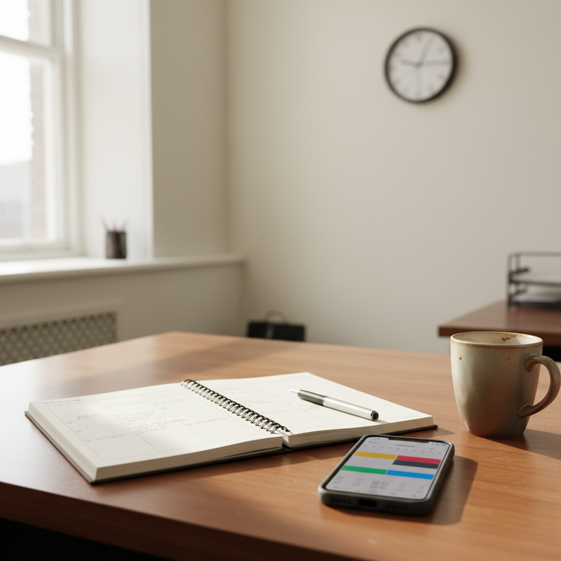 Isometrische Illustration eines Kalenders mit schwebenden Zeitslot-Karten und Roboter-Arm