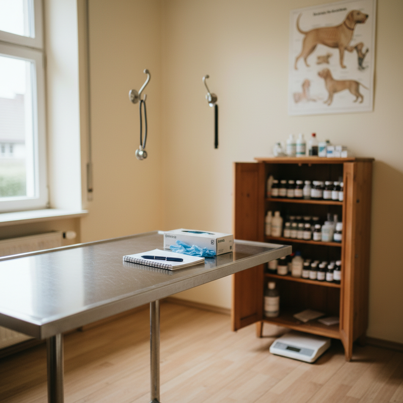 Tierarzt-Sprechstunde mit Untersuchungstisch, Stethoskop, ordentlichen Karteikärtchen, Rezeptbogen und Pharmazeutika-Schrank