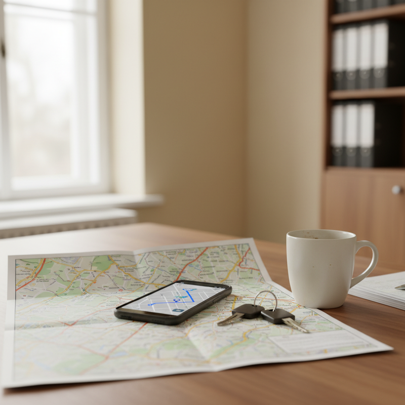 Isometrische Illustration einer Karte mit markierten Routen und Baustellen-Pins