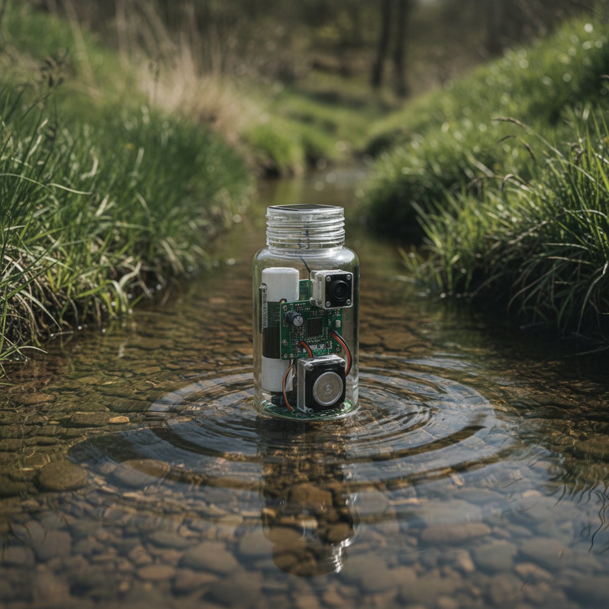 KI-generierte Visualisierung einer transparenten Sensor-Flasche mit innenliegender Elektronik (Platine, Solarpanel, Kamera, Batterie), die in einem klaren deutschen Bachlauf mit Schilfufer treibt — kein reales Gerät