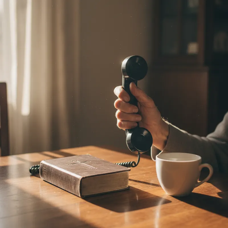 Hände einer älteren Person, die klassischen Festnetzhörer halten, Bibel und weisse Tasse auf dem Tisch daneben, weiches Nachmittagslicht