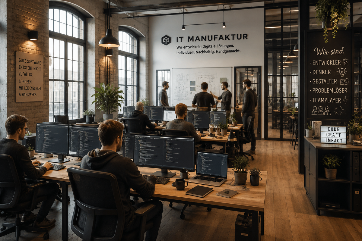 Werkstatt der Netzhandwerker – Arbeitsplätze mit Monitoren, Whiteboard mit Skizzen, helle Loft-Atmosphäre