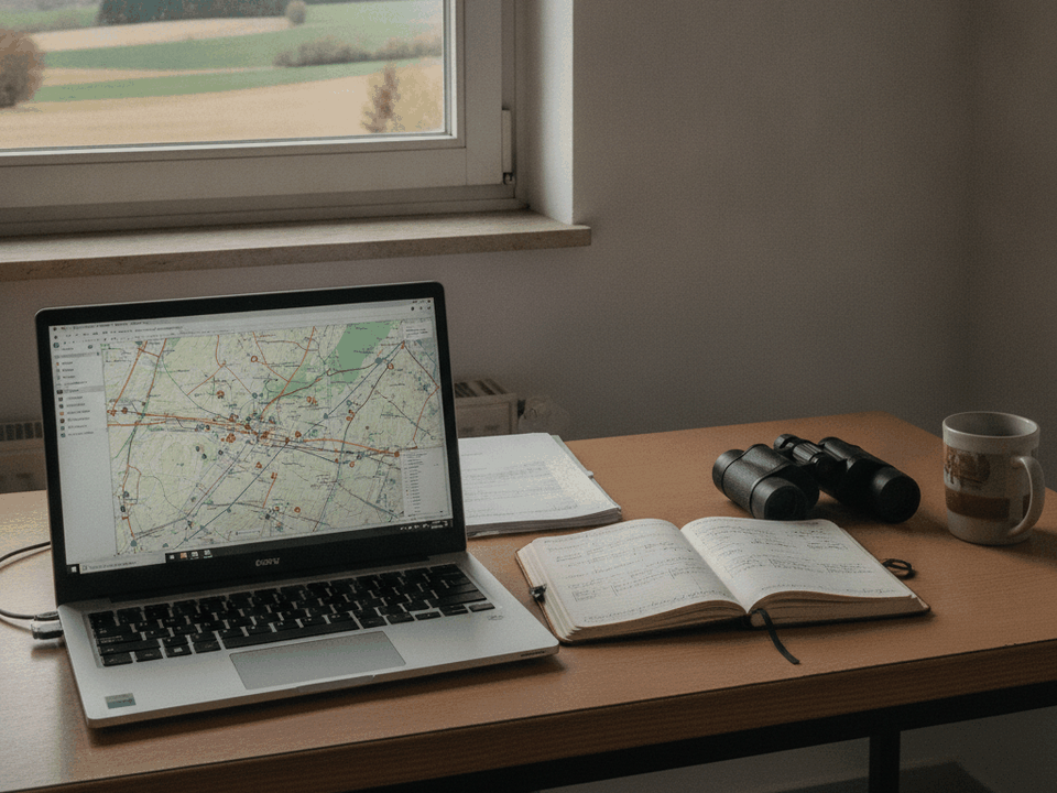 Schreibtisch in einer Naturschutzstation mit Notebook, Landkarte, Feldbuch und Fernglas