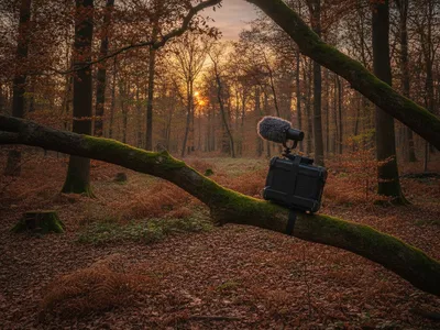 Aufnahmegerät an einem Ast im Laubwald
