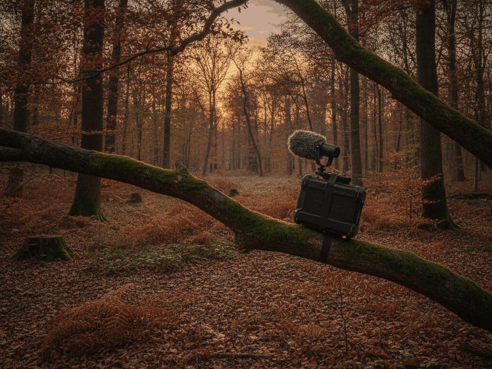 Wetterfestes Aufnahmegerät mit Mikrofon an einem Ast im Laubwald bei Abenddämmerung