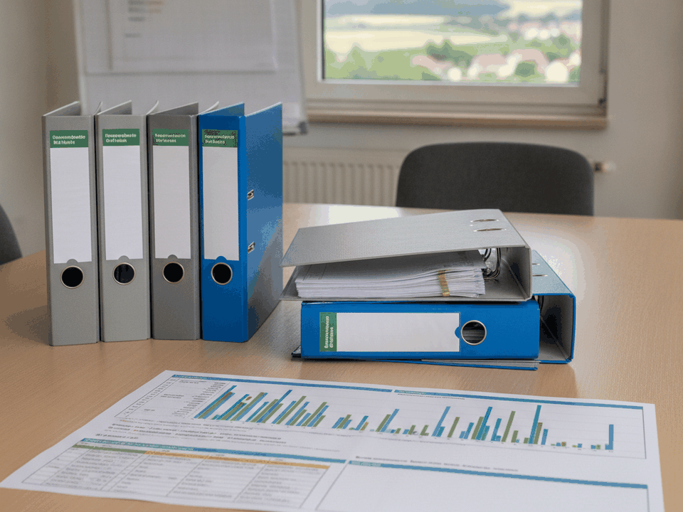 Aktenordner und ein gedruckter Projektplan mit Balkendiagramm auf einem Besprechungstisch