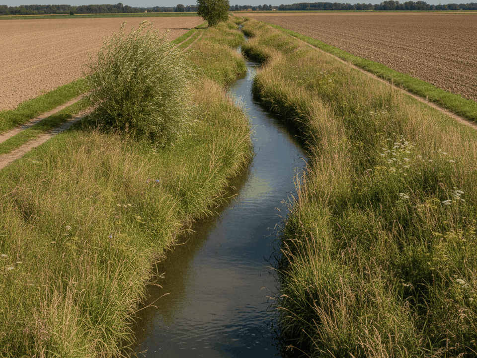 Renaturierter Bachlauf mit Weiden und Uferbewuchs in einer Agrarlandschaft