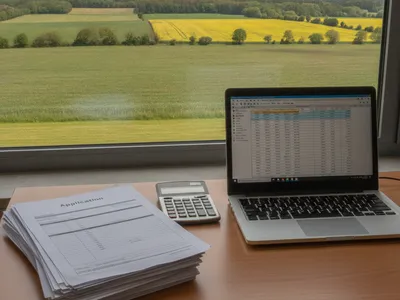 Schreibtisch mit Antragsunterlagen und Notebook