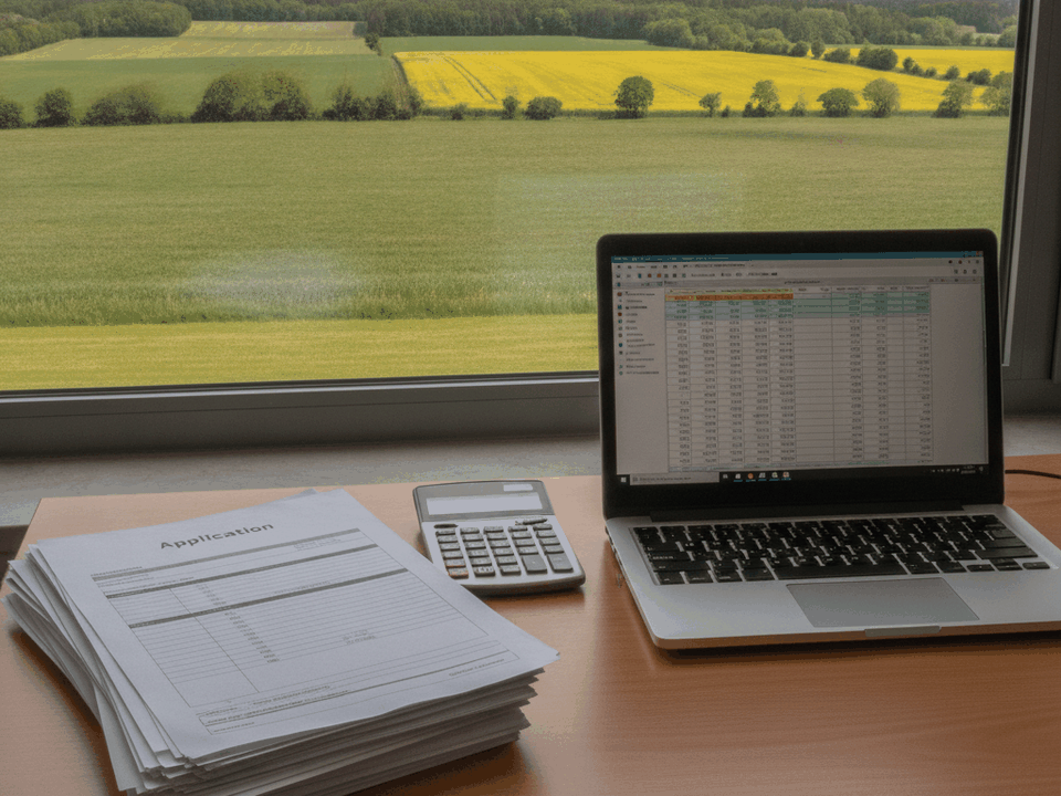 Schreibtisch mit Antragsunterlagen, Taschenrechner und Notebook, Fensterblick auf Felder