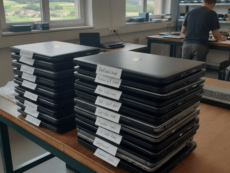 Aufgearbeitete gebrauchte Notebooks gestapelt auf einem Arbeitstisch