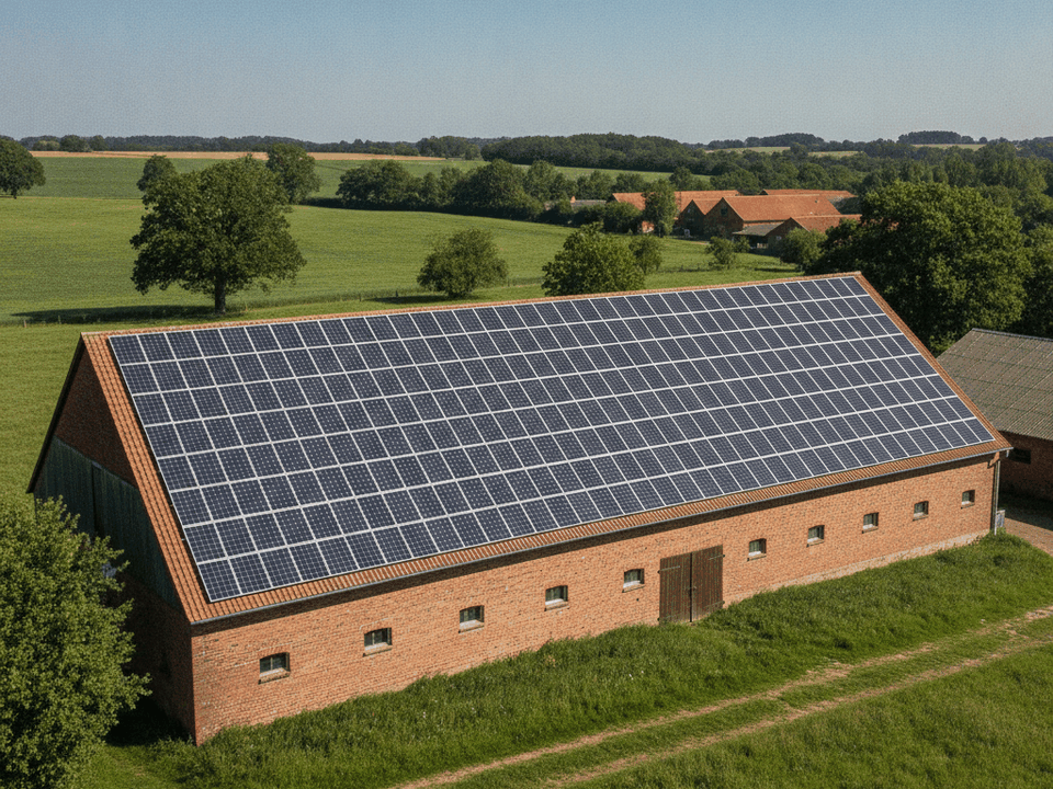 Photovoltaikanlage auf einem Scheunendach unter blauem Himmel