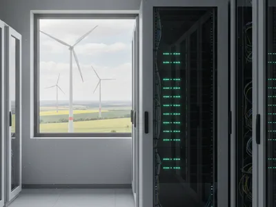 Serverschrank mit Windkraftanlagen im Hintergrund