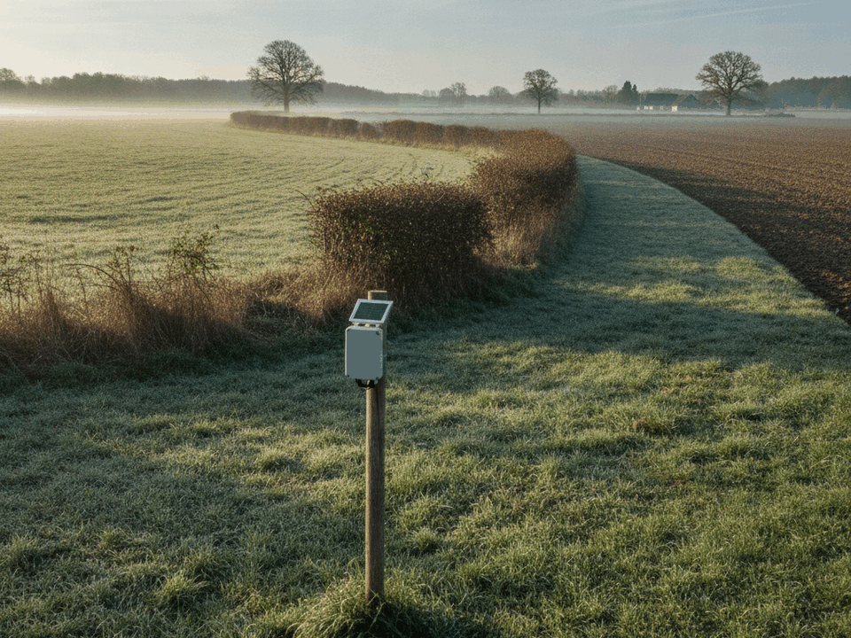Feldflur am Morgen mit Hecke und einem kleinen Sensorgehäuse mit Solarmodul an einem Holzpfahl