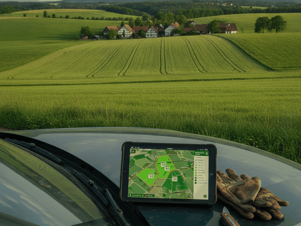 Tablet auf einer Motorhaube zeigt eine Karte mit eingezeichneten Wiesenflächen