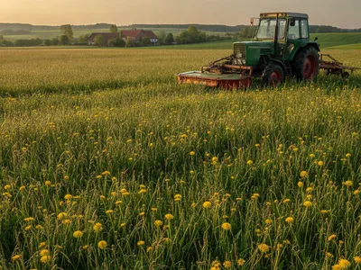 Hohe Wiese mit Traktor am Rand