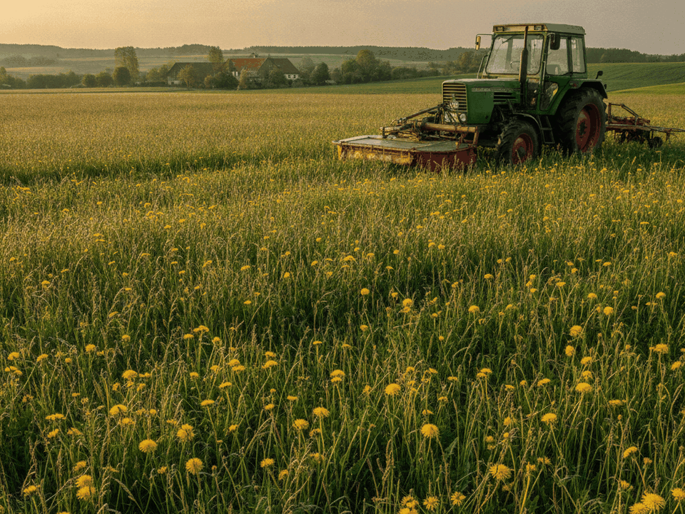 Hohe Wiese im Mai mit Löwenzahn, am Rand ein Traktor mit Mähwerk