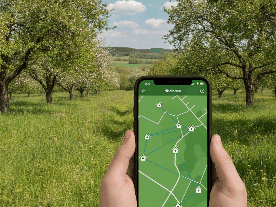 Hand hält ein Smartphone vor einer Streuobstwiese, auf dem Display eine Karte mit Standorten